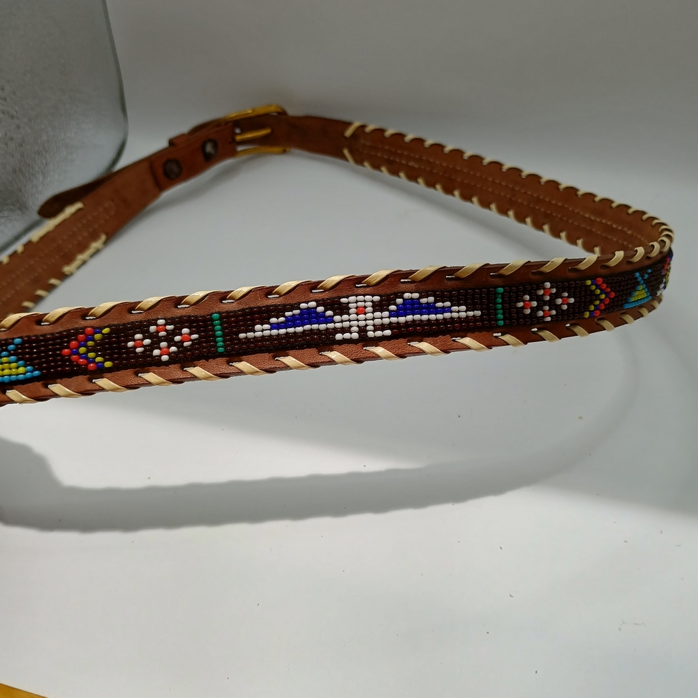 Southwest Style Embroidered Brown Leather Belt - Picture 4 of 7